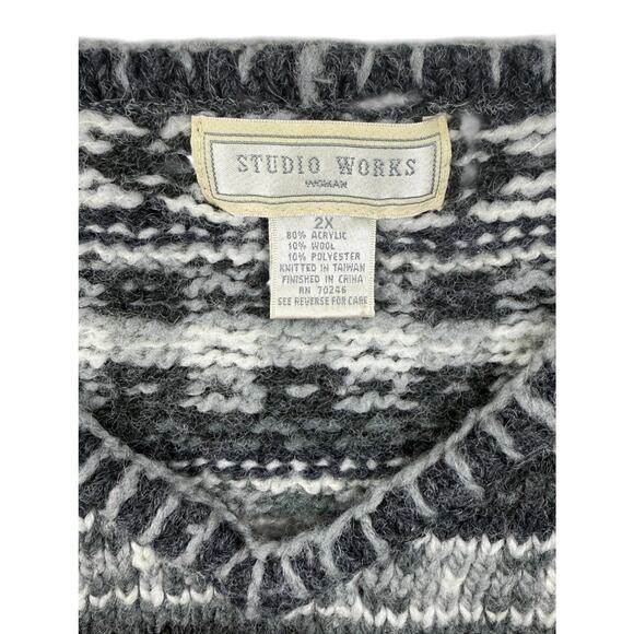 Studio Works Chunky Nordic Sweater Wool Blend 2X Gray Stripe Fair Isle V-Neck - Picture 2 of 8